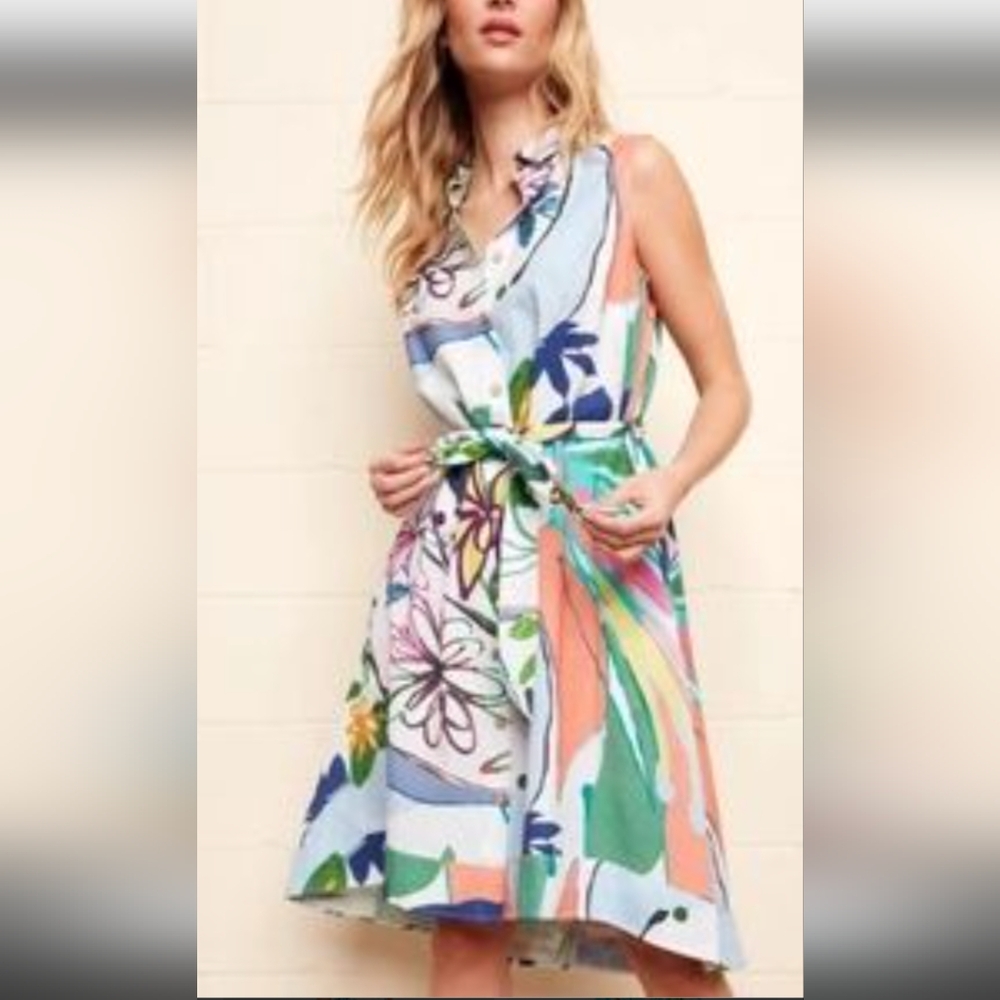 CHARLIE B Floral Sleeveless Linen hi-Lo Dress, Large
